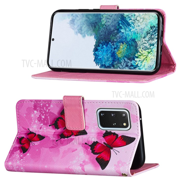Leather Wallet Stand Phone Protective Case Pattern Printing for Samsung Galaxy S20 Plus/S20 Plus 5G - Pink Butterfly-4
