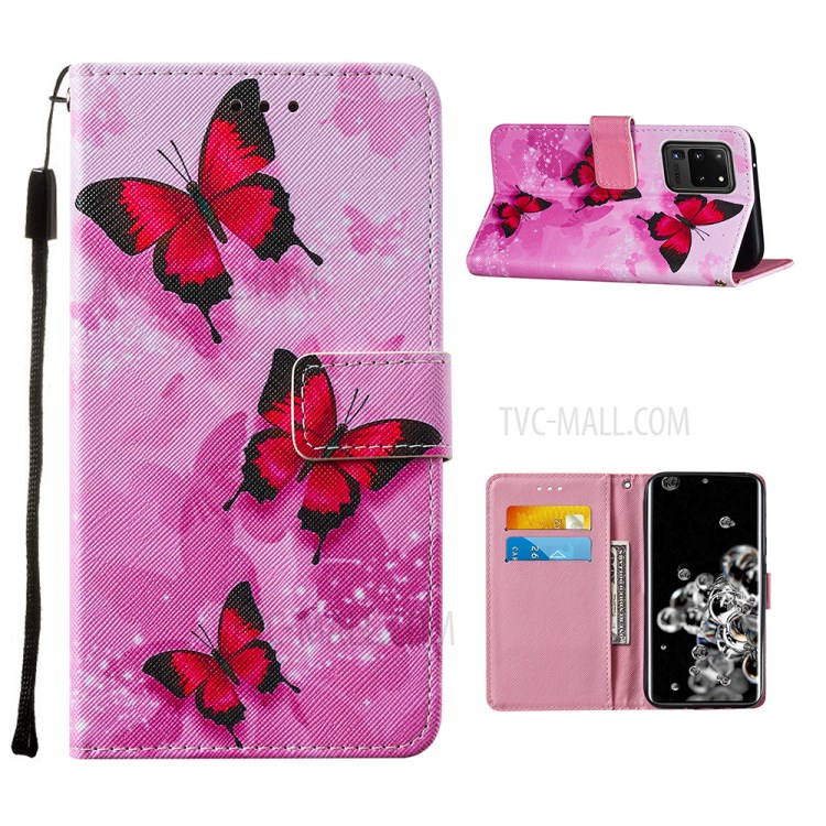 Pattern Printing Leather Phone Wallet Stand Protective Case for Samsung Galaxy S20 Ultra - Red Butterfly-1