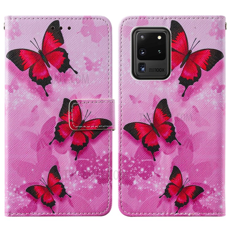 Pattern Printing Leather Phone Wallet Stand Protective Case for Samsung Galaxy S20 Ultra - Red Butterfly-3