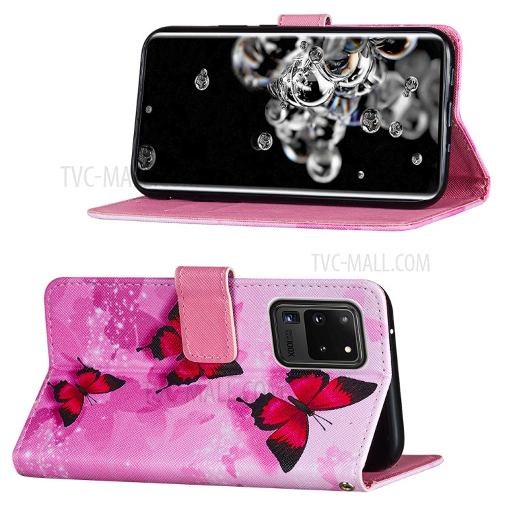 Pattern Printing Leather Phone Wallet Stand Protective Case for Samsung Galaxy S20 Ultra - Red Butterfly-4