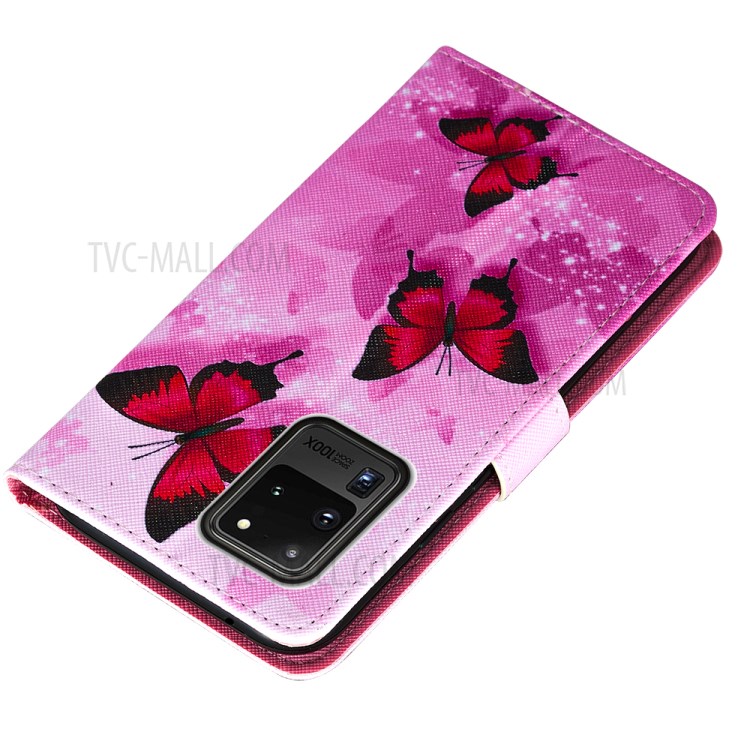 Pattern Printing Leather Phone Wallet Stand Protective Case for Samsung Galaxy S20 Ultra - Red Butterfly-5