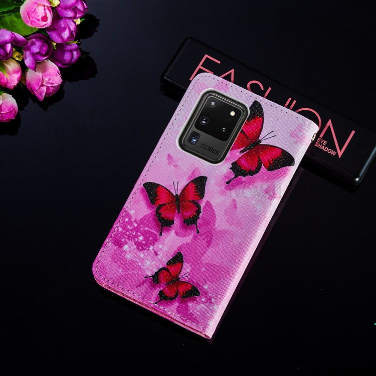 Pattern Printing Leather Phone Wallet Stand Protective Case for Samsung Galaxy S20 Ultra - Red Butterfly-8