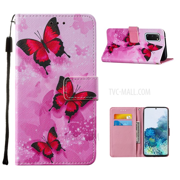 Pattern Printing Leather Phone Cover Case with Cards Slots for Samsung Galaxy S20 - Red Butterfly-1