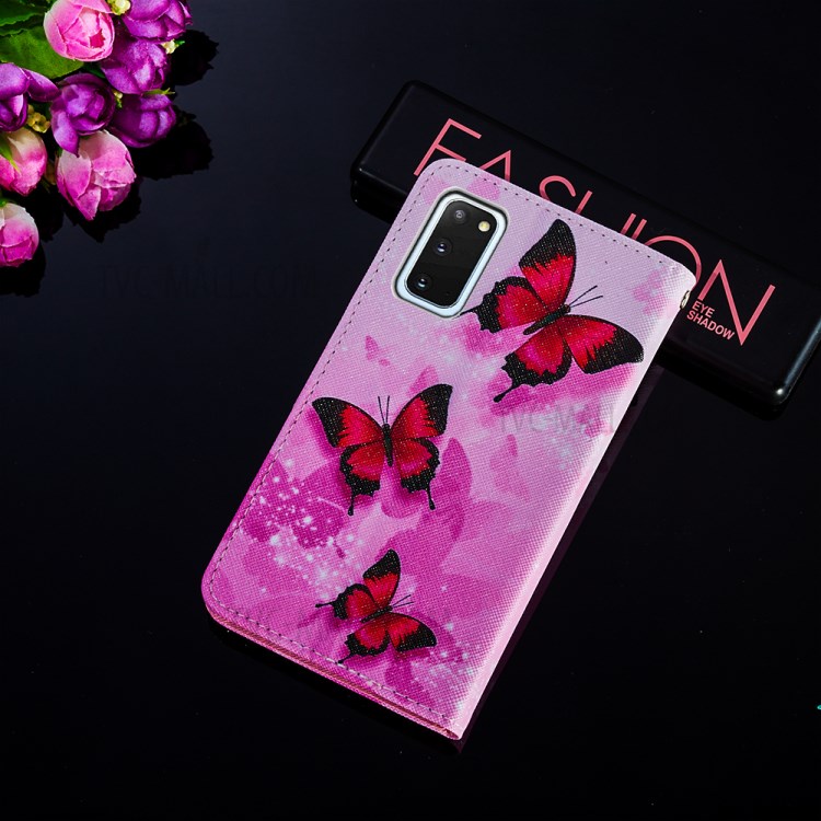 Pattern Printing Leather Phone Cover Case with Cards Slots for Samsung Galaxy S20 - Red Butterfly-8