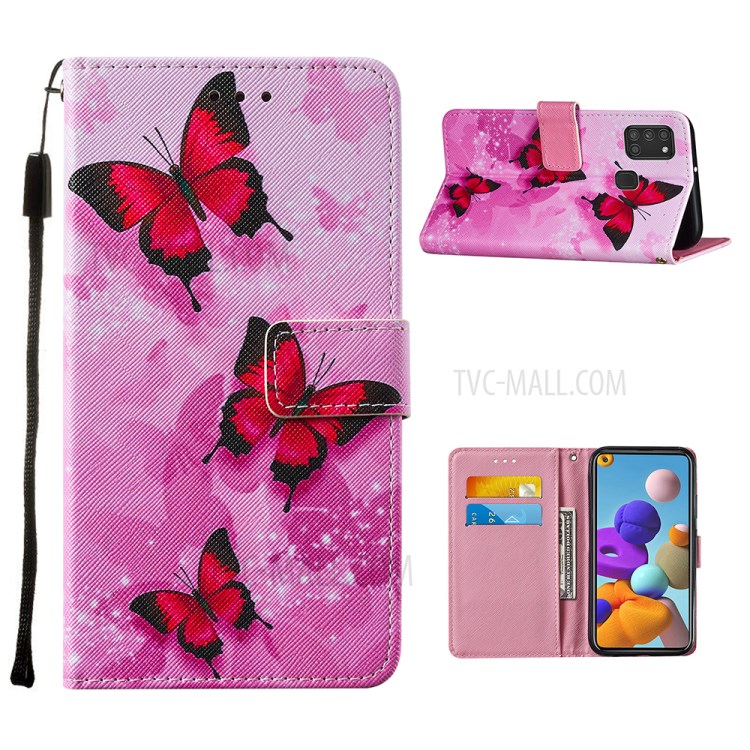 Personalized Pattern Printing Leather Phone Protective Case for Samsung Galaxy A21s - Red Butterfly-1
