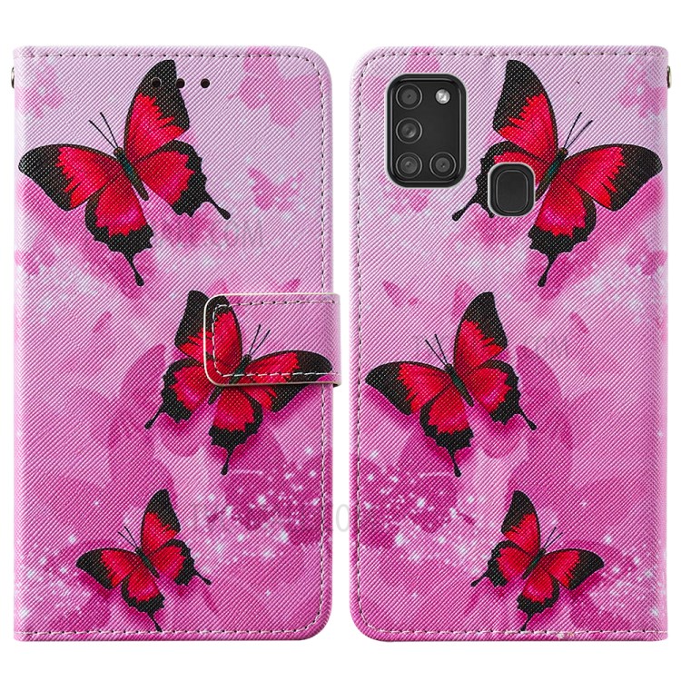 Personalized Pattern Printing Leather Phone Protective Case for Samsung Galaxy A21s - Red Butterfly-3