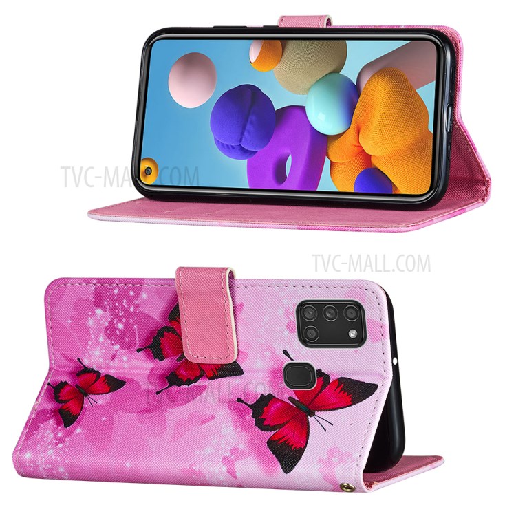 Personalized Pattern Printing Leather Phone Protective Case for Samsung Galaxy A21s - Red Butterfly-4