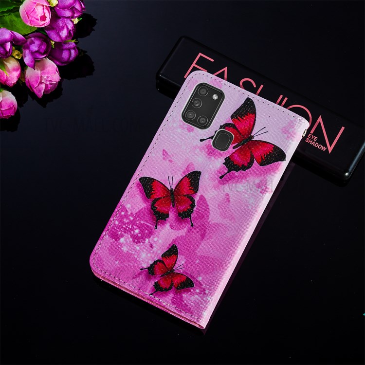 Personalized Pattern Printing Leather Phone Protective Case for Samsung Galaxy A21s - Red Butterfly-8