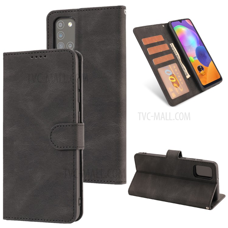 Matte Surface Leather Wallet Stand Phone Protective Shell for Galaxy A31 - Black-1