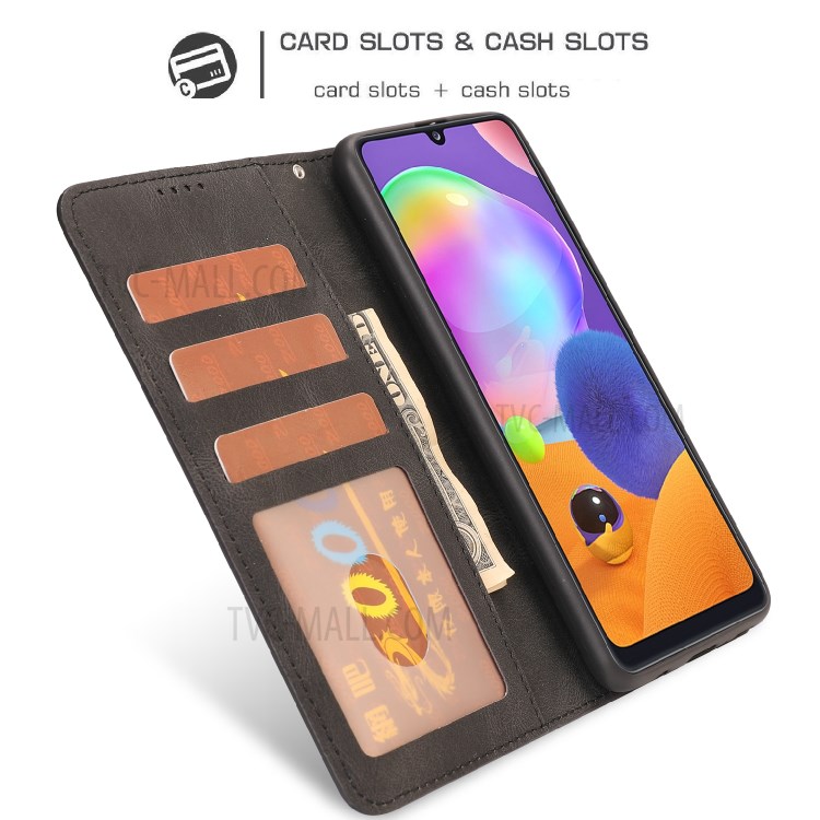Matte Surface Leather Wallet Stand Phone Protective Shell for Galaxy A31 - Black-10