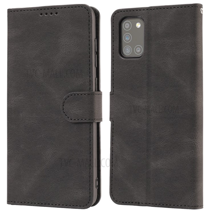 Matte Surface Leather Wallet Stand Phone Protective Shell for Galaxy A31 - Black-2