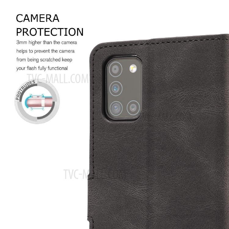 Matte Surface Leather Wallet Stand Phone Protective Shell for Galaxy A31 - Black-9
