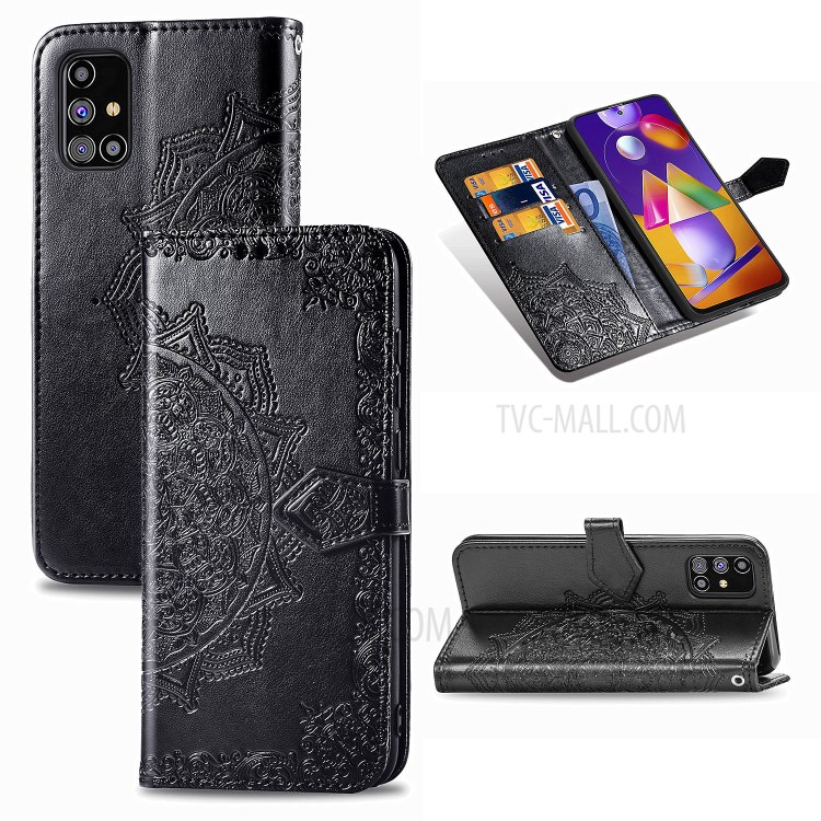 Embossed Mandala Flower Wallet Leather Cover for Samsung Galaxy M31s - Black-1