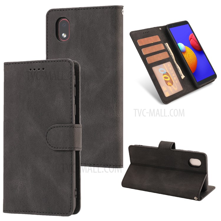 Matte Leather Wallet Stand Phone Case for Samsung Galaxy A01 Core - Black-1