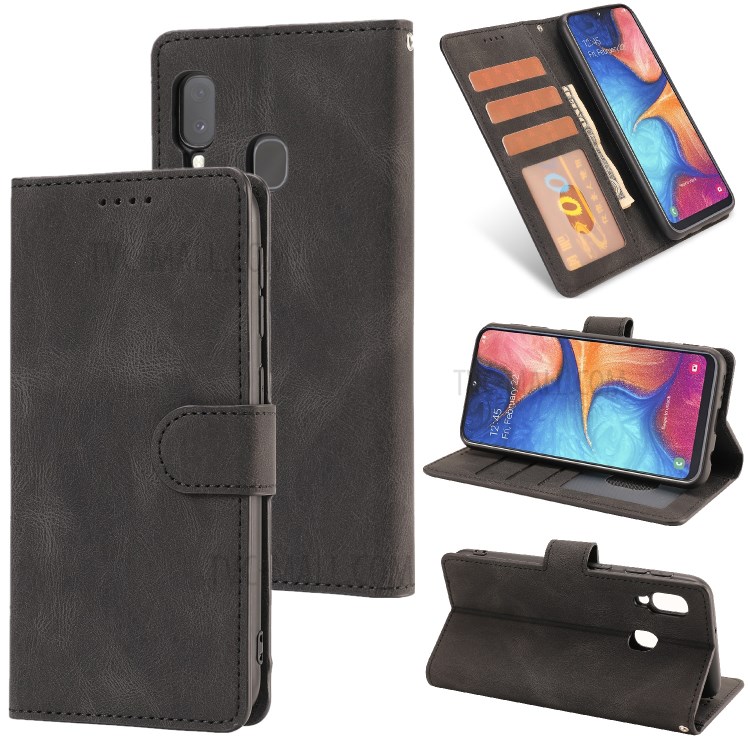 Matte Classic Style PU Leather Wallet Stand Phone Cover Shell for Samsung Galaxy A20e - Black-1