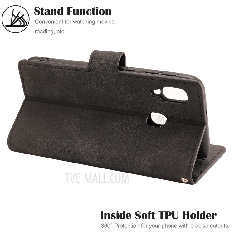 Matte Classic Style PU Leather Wallet Stand Phone Cover Shell for Samsung Galaxy A20e - Black-12