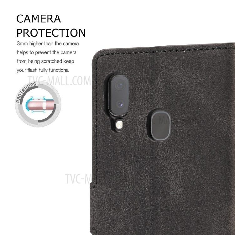 Matte Classic Style PU Leather Wallet Stand Phone Cover Shell for Samsung Galaxy A20e - Black-9