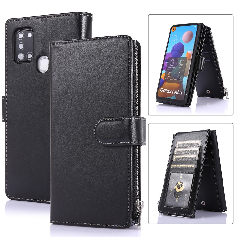 Leather Phone Cover Shell with Nine Card Slots and Zippered Cash Pocket for Samsung Galaxy A21s - Black-1