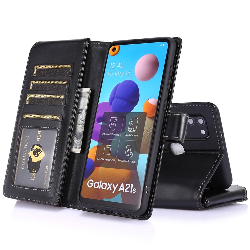 Leather Phone Cover Shell with Nine Card Slots and Zippered Cash Pocket for Samsung Galaxy A21s - Black-2