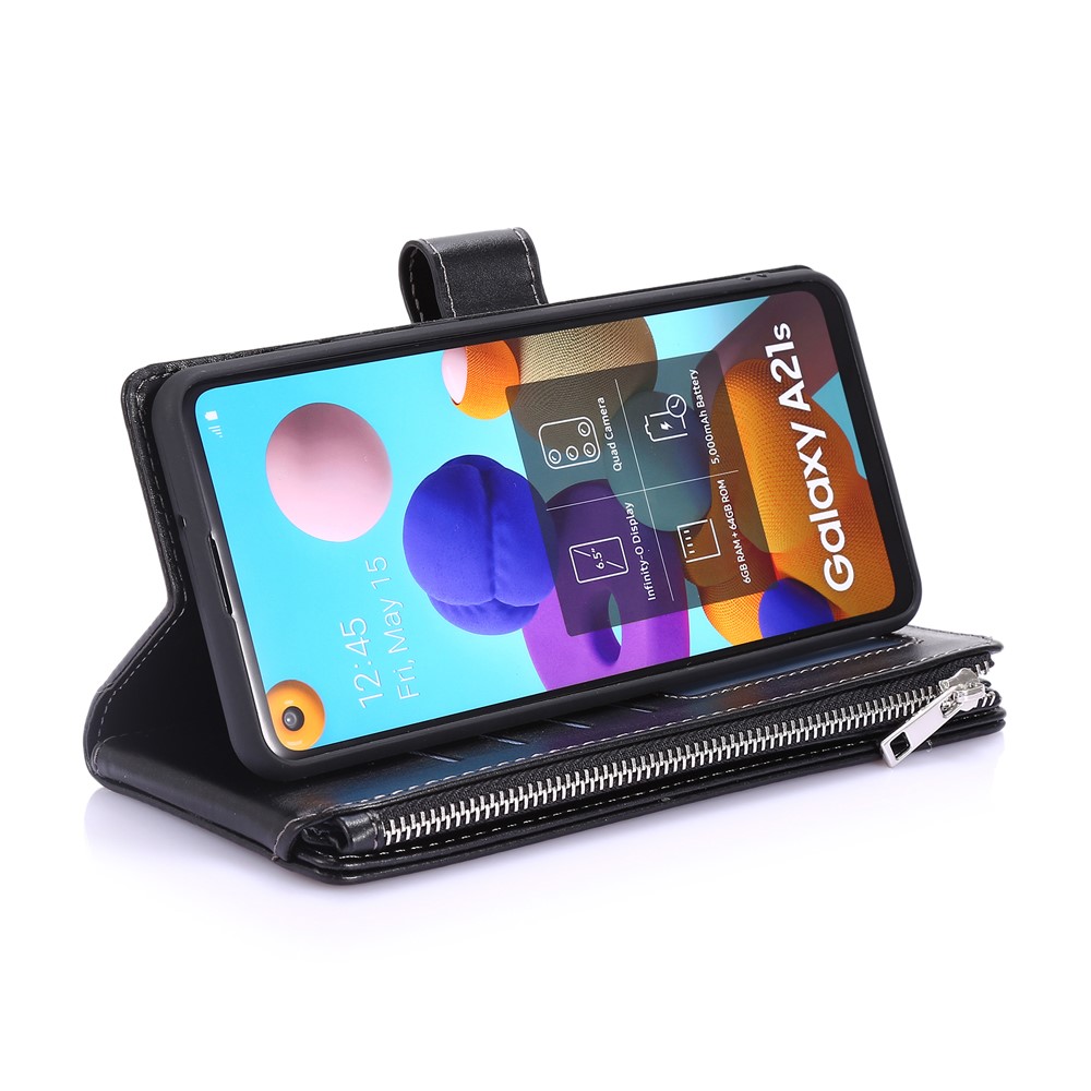 Leather Phone Cover Shell with Nine Card Slots and Zippered Cash Pocket for Samsung Galaxy A21s - Black-5