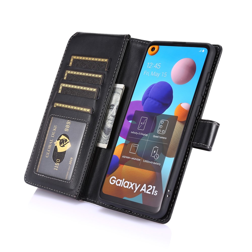 Leather Phone Cover Shell with Nine Card Slots and Zippered Cash Pocket for Samsung Galaxy A21s - Black-7