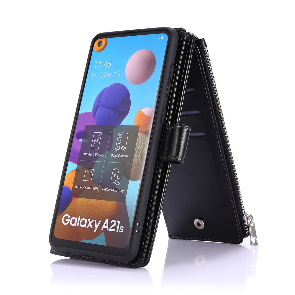 Leather Phone Cover Shell with Nine Card Slots and Zippered Cash Pocket for Samsung Galaxy A21s - Black-8
