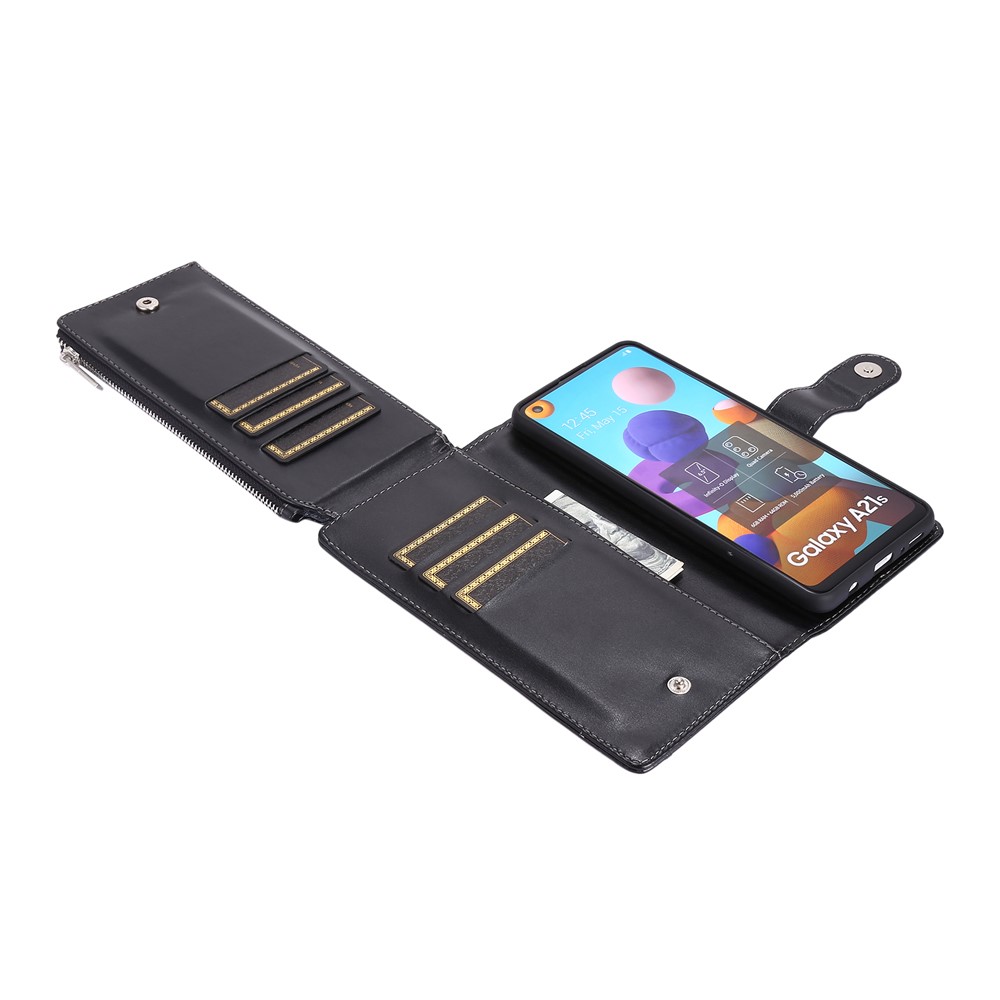 Leather Phone Cover Shell with Nine Card Slots and Zippered Cash Pocket for Samsung Galaxy A21s - Black-9