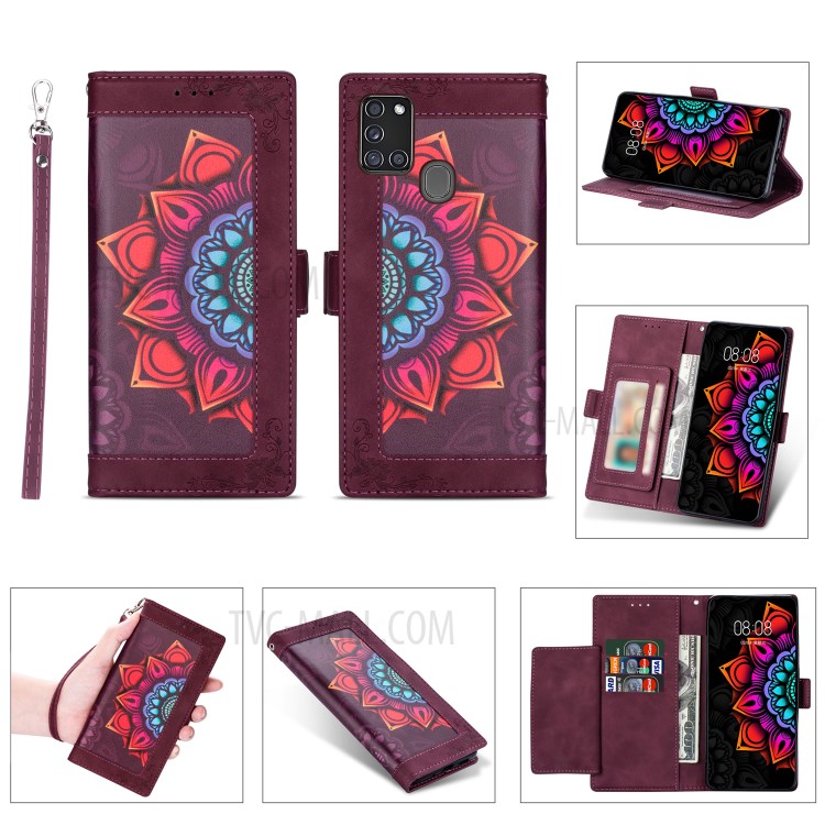 Flower Pattern Printing PU Leather Wallet Stand Shell for Samsung Galaxy A21s Cover - Wine Red-1
