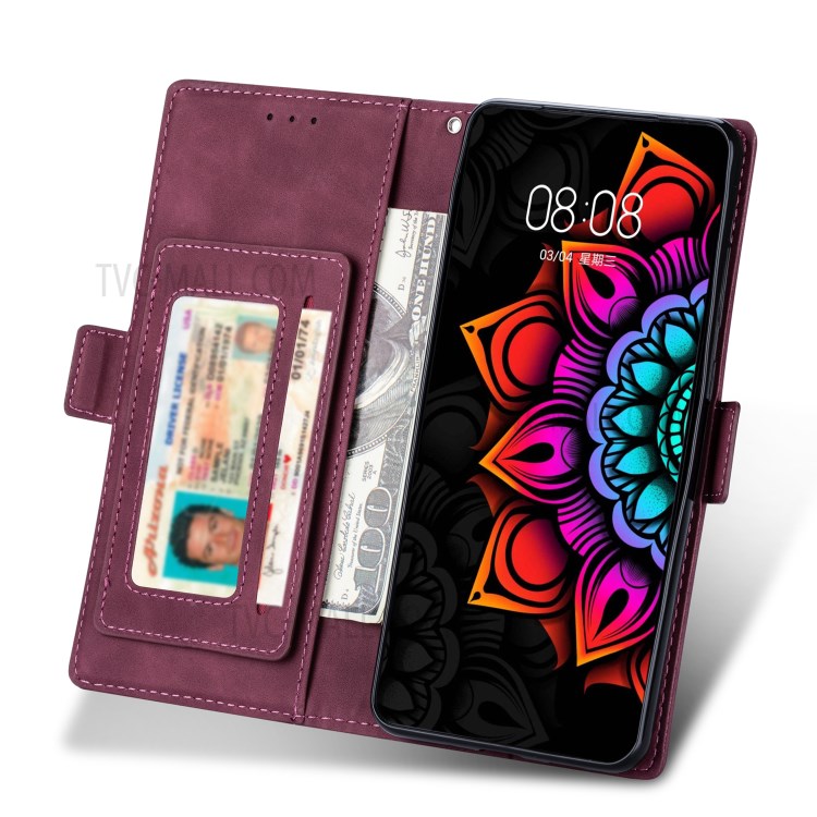 Flower Pattern Printing PU Leather Wallet Stand Shell for Samsung Galaxy A21s Cover - Wine Red-4