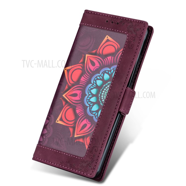 Flower Pattern Printing PU Leather Wallet Stand Shell for Samsung Galaxy A21s Cover - Wine Red-5