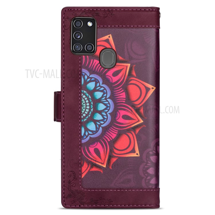 Flower Pattern Printing PU Leather Wallet Stand Shell for Samsung Galaxy A21s Cover - Wine Red-6