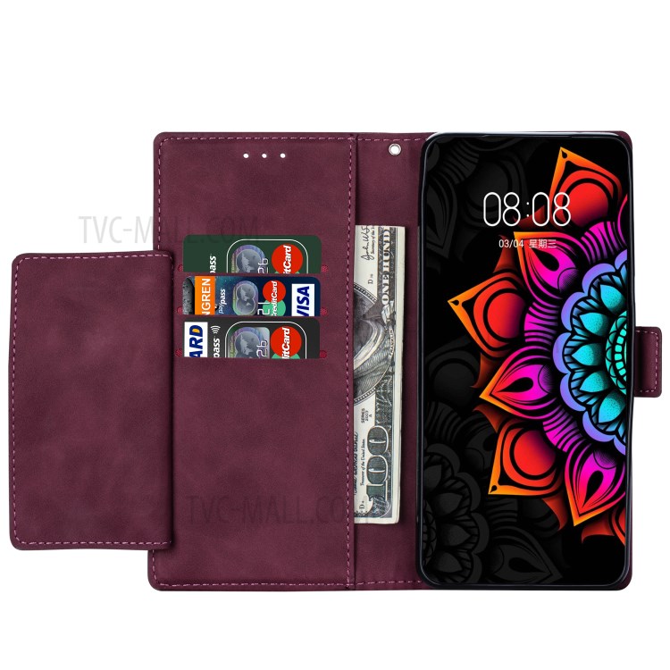 Flower Pattern Printing PU Leather Wallet Stand Shell for Samsung Galaxy A21s Cover - Wine Red-7