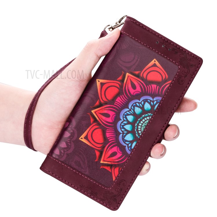 Flower Pattern Printing PU Leather Wallet Stand Shell for Samsung Galaxy A21s Cover - Wine Red-8