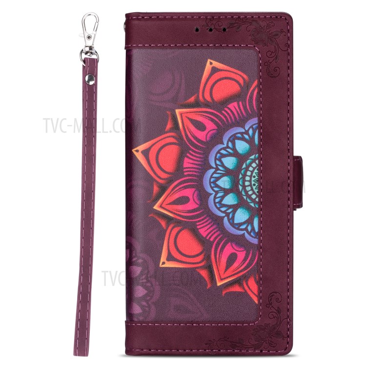 Flower Pattern Printing PU Leather Wallet Stand Shell for Samsung Galaxy A21s Cover - Wine Red-9