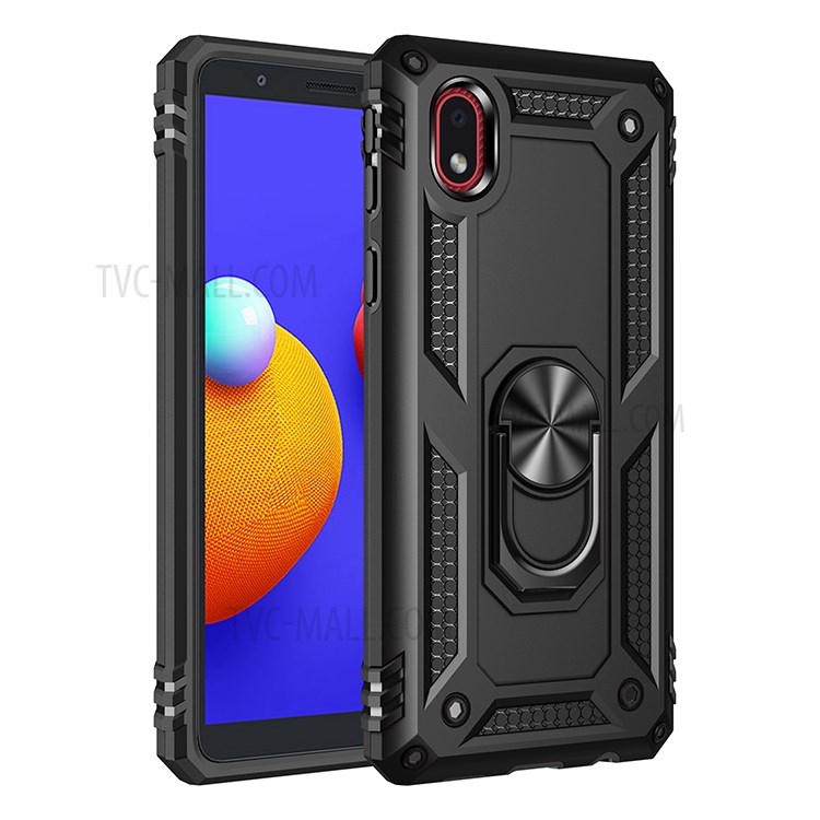 Hybrid PC TPU Case for Samsung Galaxy A01 Core/M01 Core Kickstand Armor Cover - Black-1