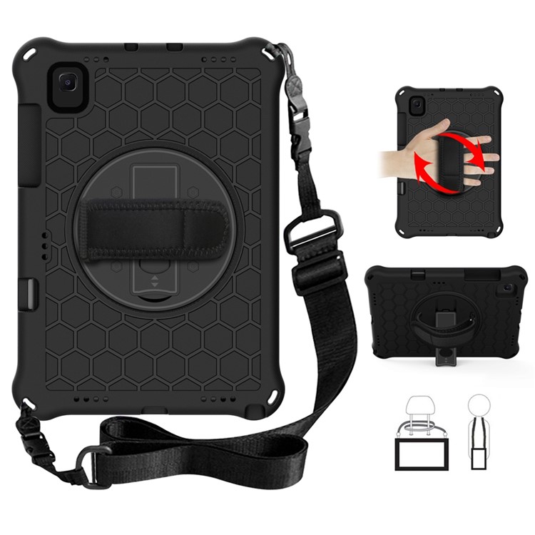 Honeycomb Texture Swivel Kickstand Tablet Cover Case with Shoulder Strap + Handy Strap for Samsung Galaxy Tab A7 10.4 (2020) T500/T505 - Black/Black-1