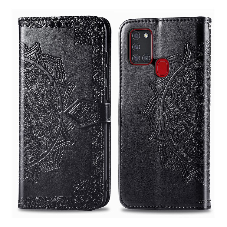 Embossed Mandala Flower Leather Case with Wallet Stand for Samsung Galaxy A21s - Black-2