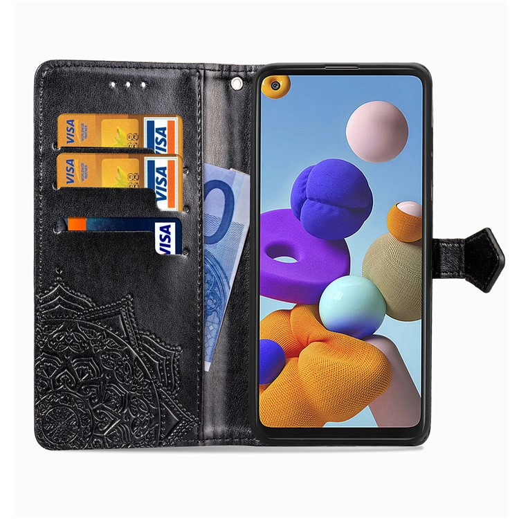 Embossed Mandala Flower Leather Case with Wallet Stand for Samsung Galaxy A21s - Black-5