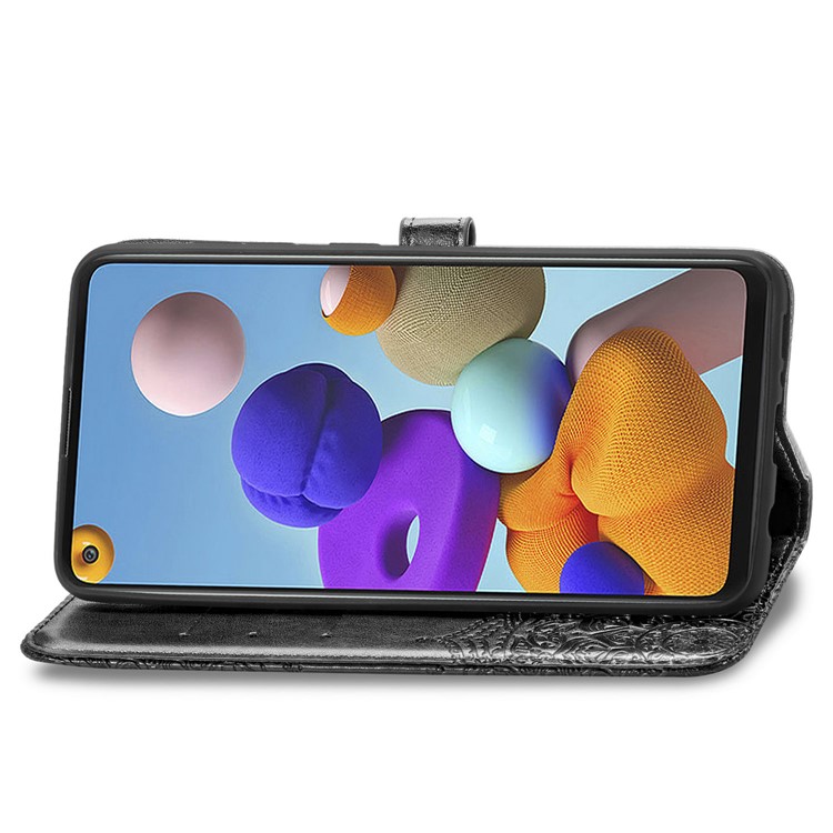 Embossed Mandala Flower Leather Case with Wallet Stand for Samsung Galaxy A21s - Black-6
