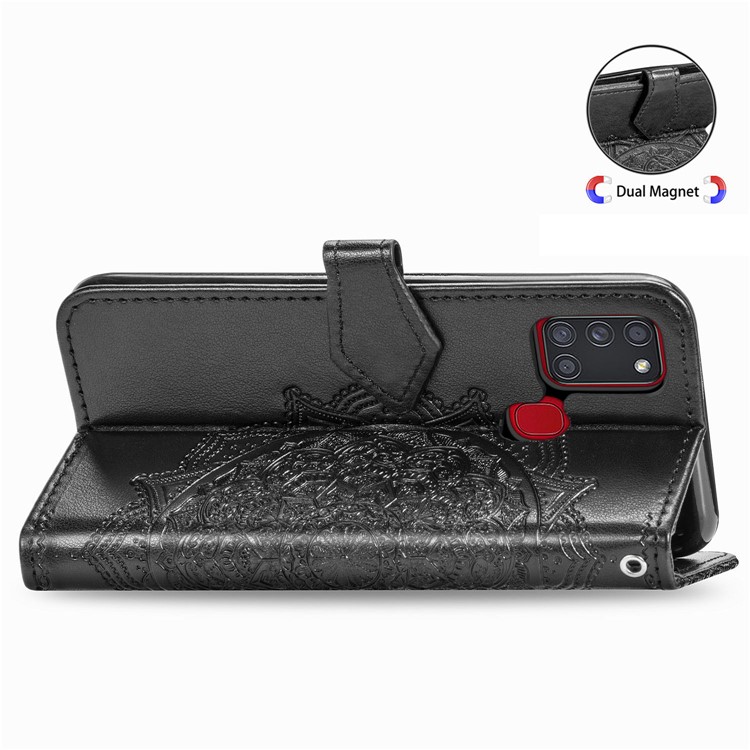 Embossed Mandala Flower Leather Case with Wallet Stand for Samsung Galaxy A21s - Black-7