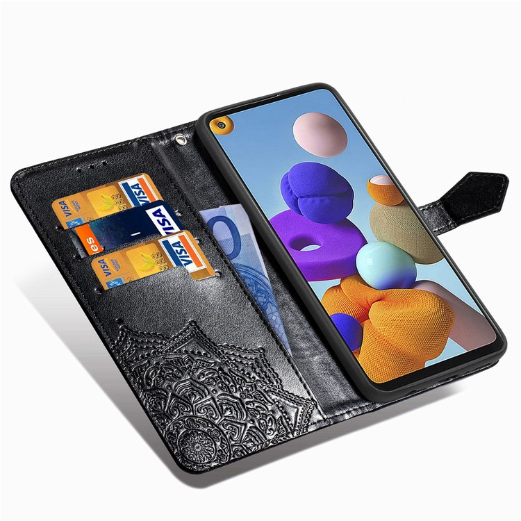 Embossed Mandala Flower Leather Case with Wallet Stand for Samsung Galaxy A21s - Black-8