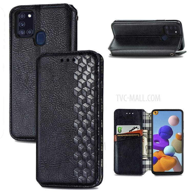 Fashionable Magnetic Absorbed Diamond Effect Leather Phone Cover Case for Samsung Galaxy A21s - Black-1