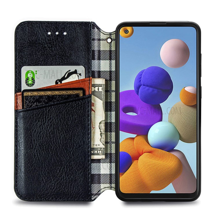 Fashionable Magnetic Absorbed Diamond Effect Leather Phone Cover Case for Samsung Galaxy A21s - Black-5
