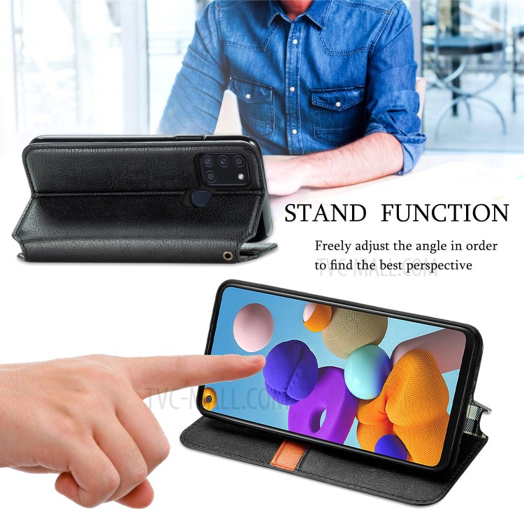 Fashionable Magnetic Absorbed Diamond Effect Leather Phone Cover Case for Samsung Galaxy A21s - Black-8