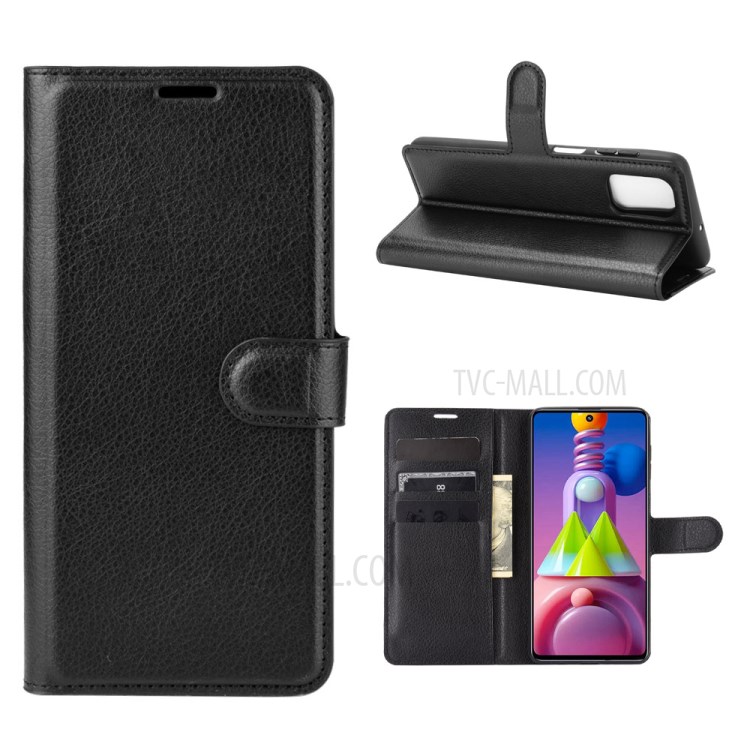 Litchi Texture Wallet Stand Leather Protector Cover for Samsung Galaxy M51 - Black-1