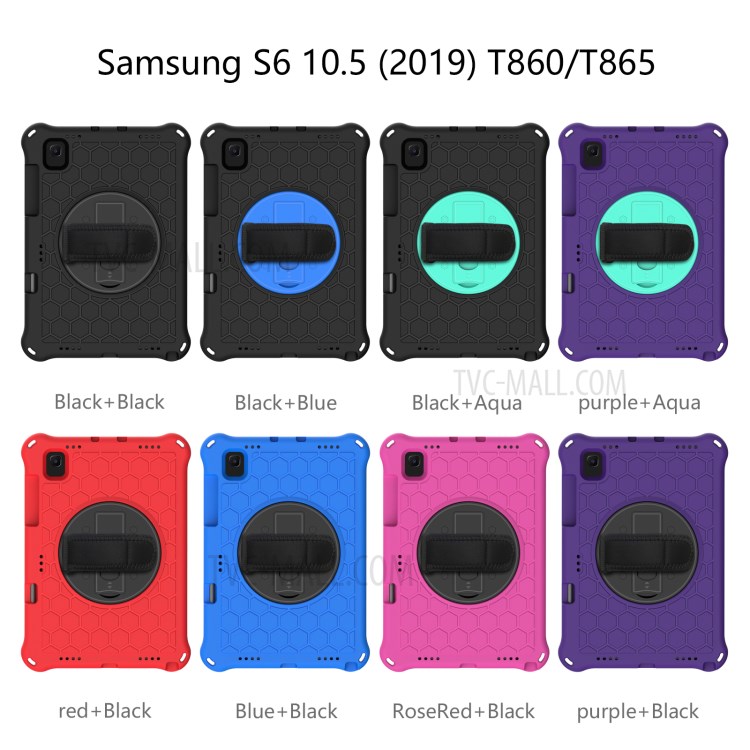 Handy Strap + Shoulder Strap Swivel Kickstand Tablet Cover Case with Honeycomb Texture for Samsung Galaxy Tab S6 T860/T865 - Black/Cyan-3