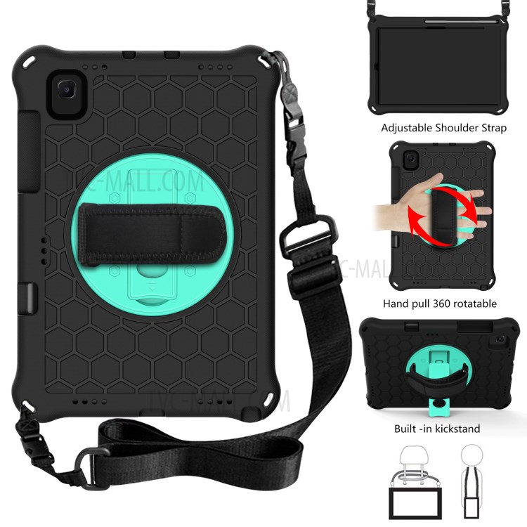 360 Degree Swivel Kickstand Shoulder Strap Tablet Cover Case with Honeycomb Texture for Samsung Galaxy Tab S5e T720/T725 - Black/Cyan-1