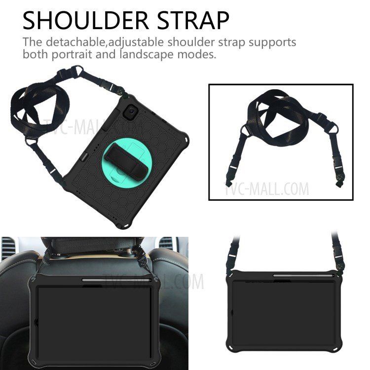 360 Degree Swivel Kickstand Shoulder Strap Tablet Cover Case with Honeycomb Texture for Samsung Galaxy Tab S5e T720/T725 - Black/Cyan-2