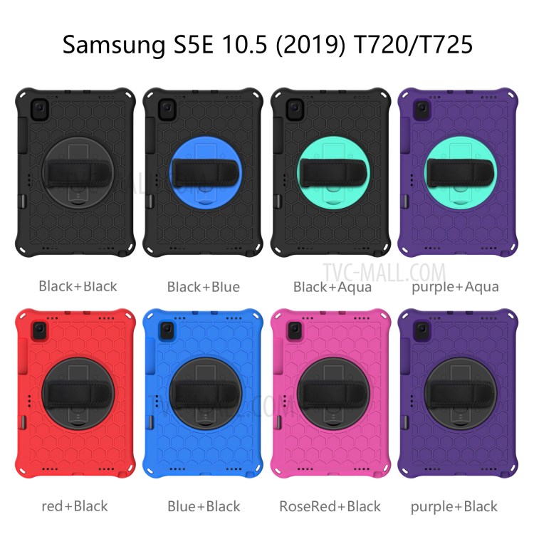 360 Degree Swivel Kickstand Shoulder Strap Tablet Cover Case with Honeycomb Texture for Samsung Galaxy Tab S5e T720/T725 - Black/Cyan-3