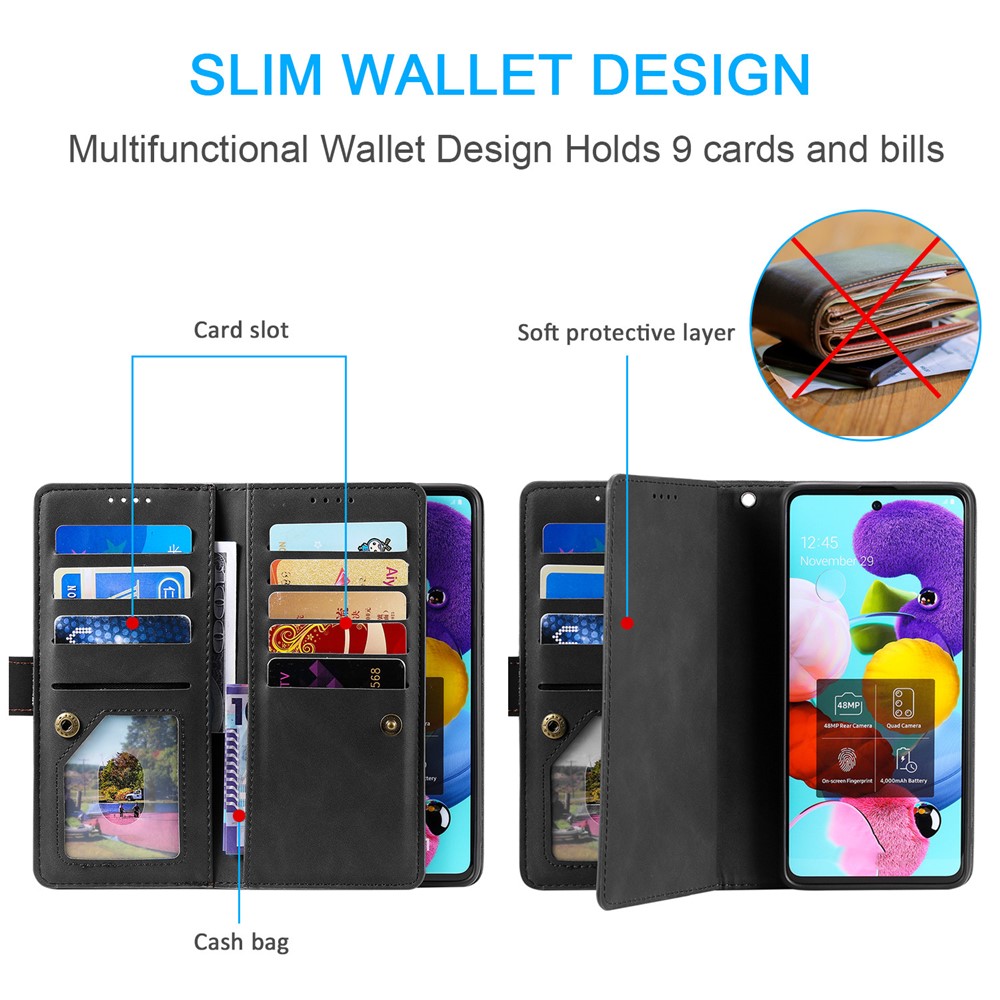 Zipper Pocket 9 Card Slots Leather Wallet Case for Samsung Galaxy S20 FE/S20 Fan Edition/S20 FE 5G/S20 Fan Edition 5G - Black-10